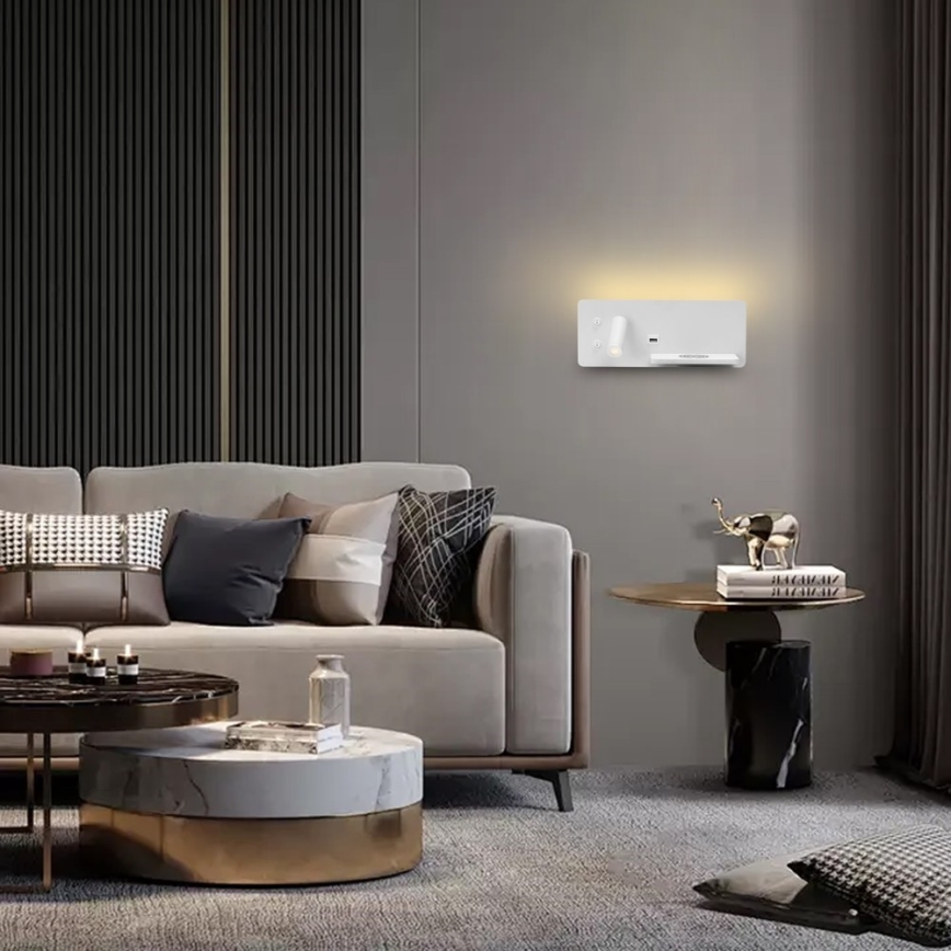 Immax 08285L - LED vægspot m. hylde + USB-port og trådløs opladning Be PREPARE LED/3W/230V hvid