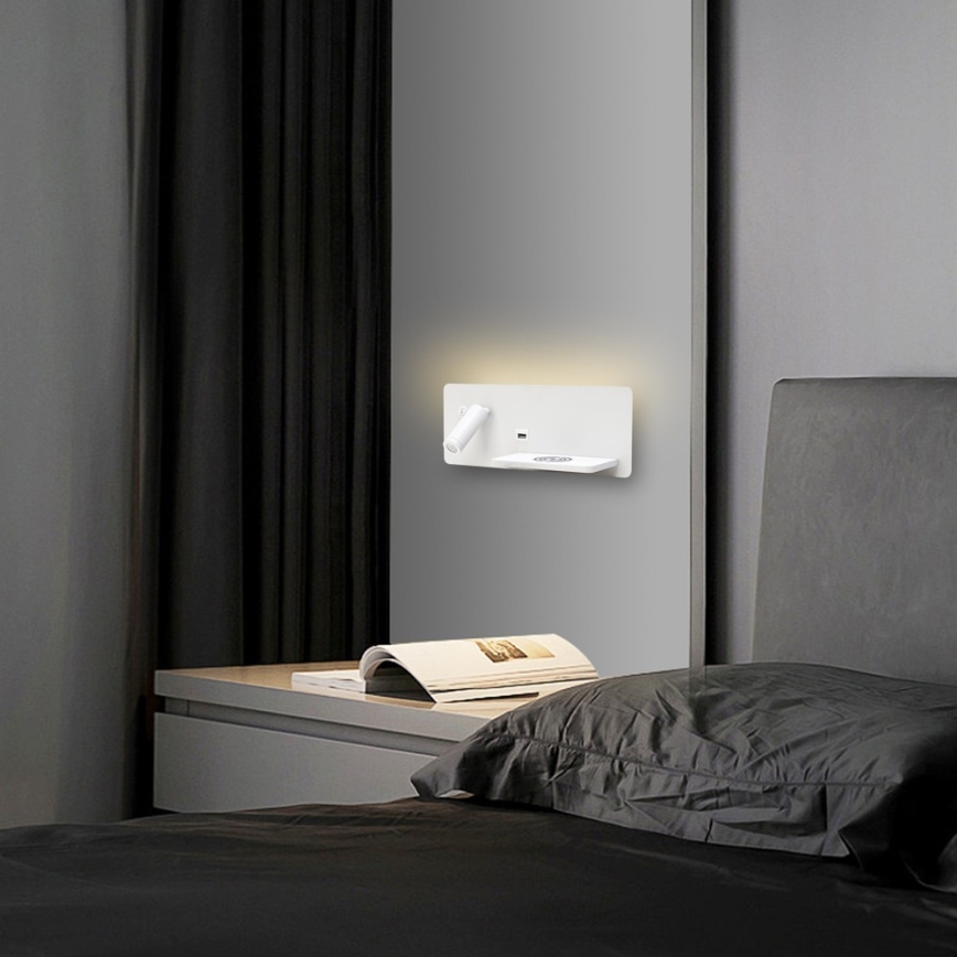 Immax 08285L - LED vægspot m. hylde + USB-port og trådløs opladning Be PREPARE LED/3W/230V hvid