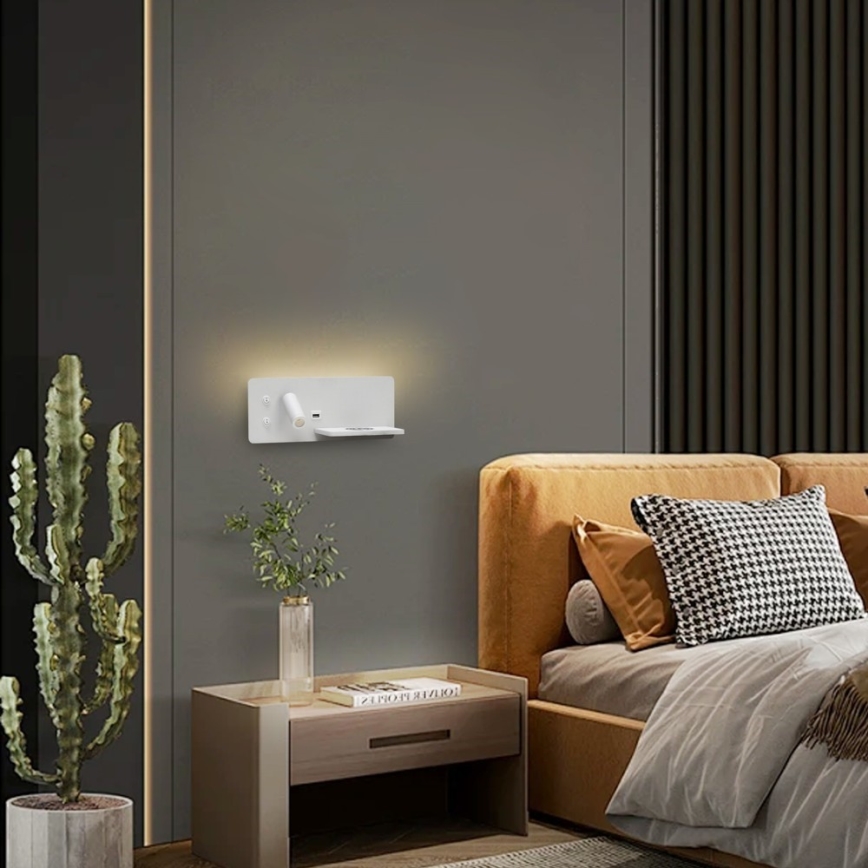 Immax 08285L - LED vægspot m. hylde + USB-port og trådløs opladning Be PREPARE LED/3W/230V hvid
