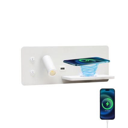 Immax 08285L - LED vægspot m. hylde + USB-port og trådløs opladning Be PREPARE LED/3W/230V hvid