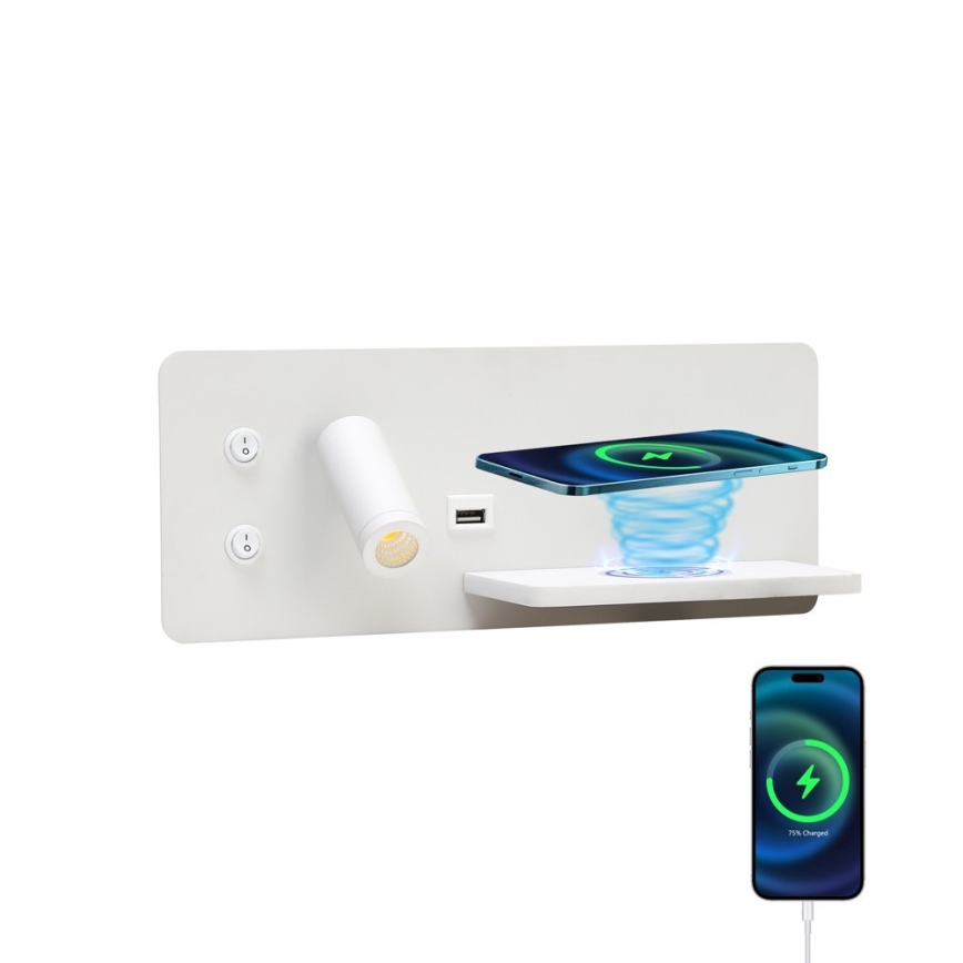 Immax 08285L - LED vægspot m. hylde + USB-port og trådløs opladning Be PREPARE LED/3W/230V hvid