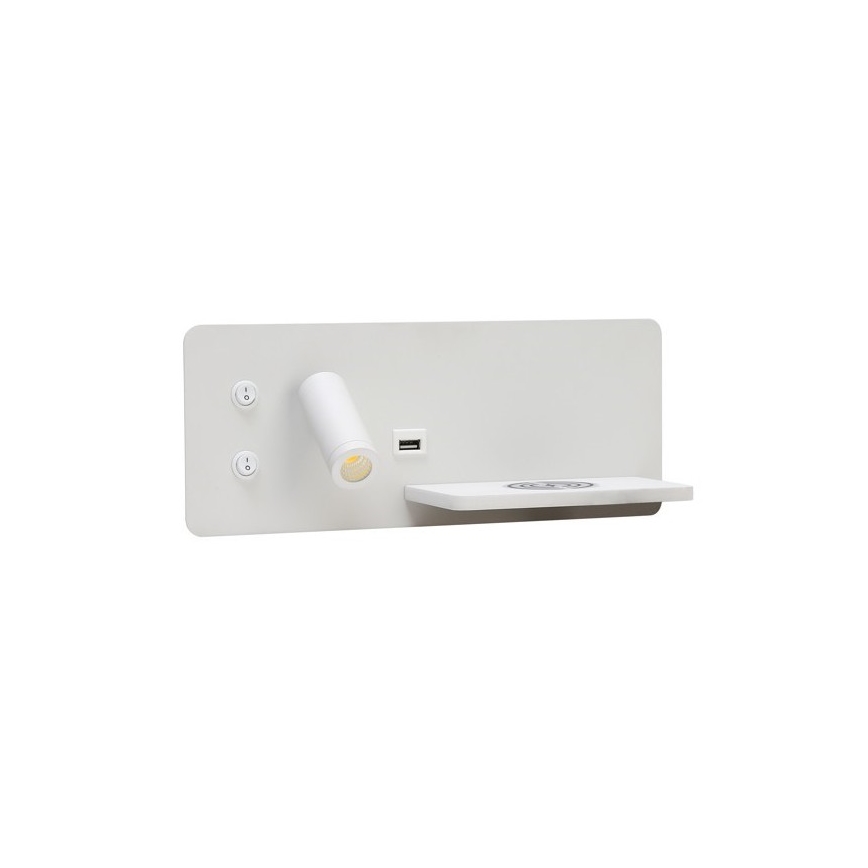 Immax 08285L - LED vægspot m. hylde + USB-port og trådløs opladning Be PREPARE LED/3W/230V hvid