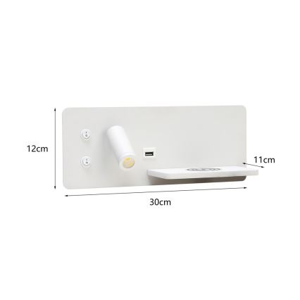 Immax 08285L - LED vægspot m. hylde + USB-port og trådløs opladning Be PREPARE LED/3W/230V hvid