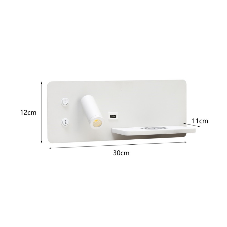 Immax 08285L - LED vægspot m. hylde + USB-port og trådløs opladning Be PREPARE LED/3W/230V hvid