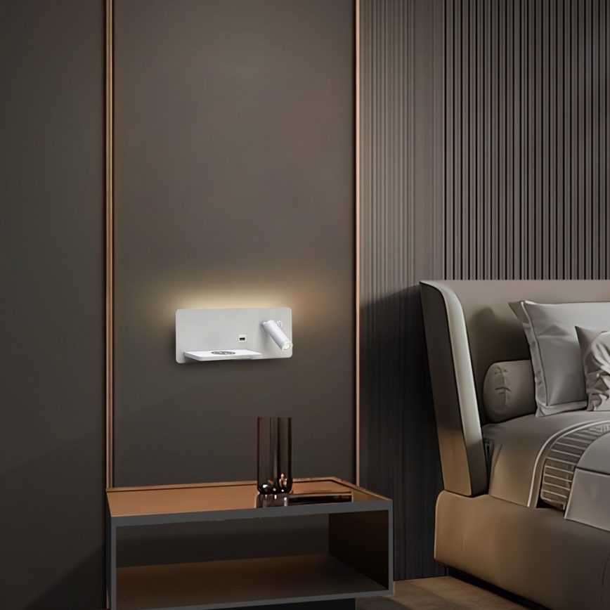 Immax 08286L - LED væglampe med hylde, USB-port og trådløs opladning Be PREPARE LED/3W/230V + LED/3W hvid