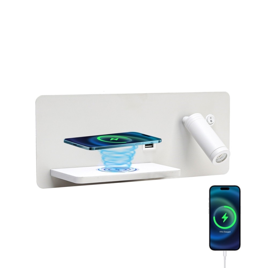 Immax 08286L - LED vægspot m. hylde + USB-port og trådløs opladning Be PREPARE LED/3W/230V + LED/3W hvid