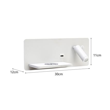 Immax 08286L - LED vægspot m. hylde + USB-port og trådløs opladning Be PREPARE LED/3W/230V + LED/3W hvid
