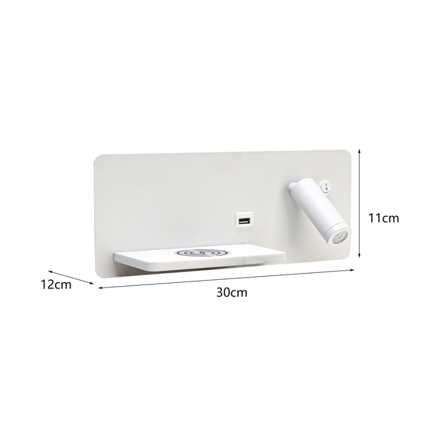 Immax 08286L - LED vægspot m. hylde + USB-port og trådløs opladning Be PREPARE LED/3W/230V + LED/3W hvid