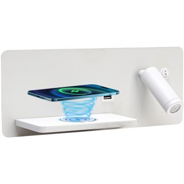 Immax 08286L - LED væglampe med hylde, USB-port og trådløs opladning Be PREPARE LED/3W/230V + LED/3W hvid