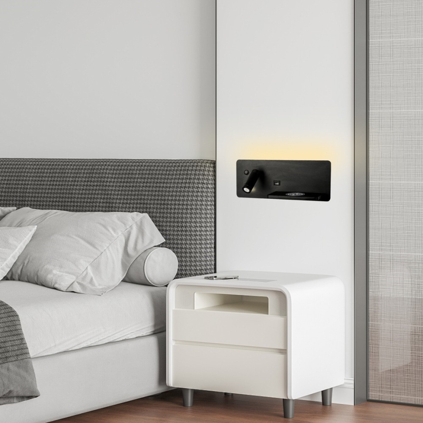 Immax 08287L - LED vægspot m. hylde + USB-port og trådløs opladning Be PREPARE LED/3W/230V + LED/3W sort