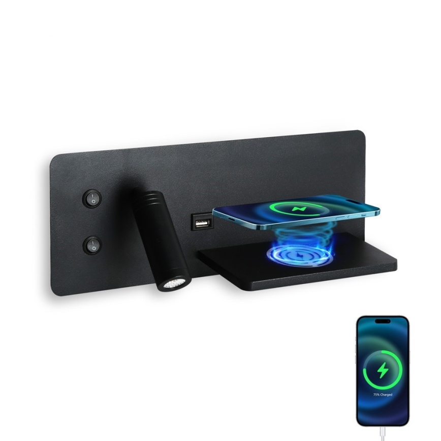 Immax 08287L - LED vægspot m. hylde + USB-port og trådløs opladning Be PREPARE LED/3W/230V + LED/3W sort