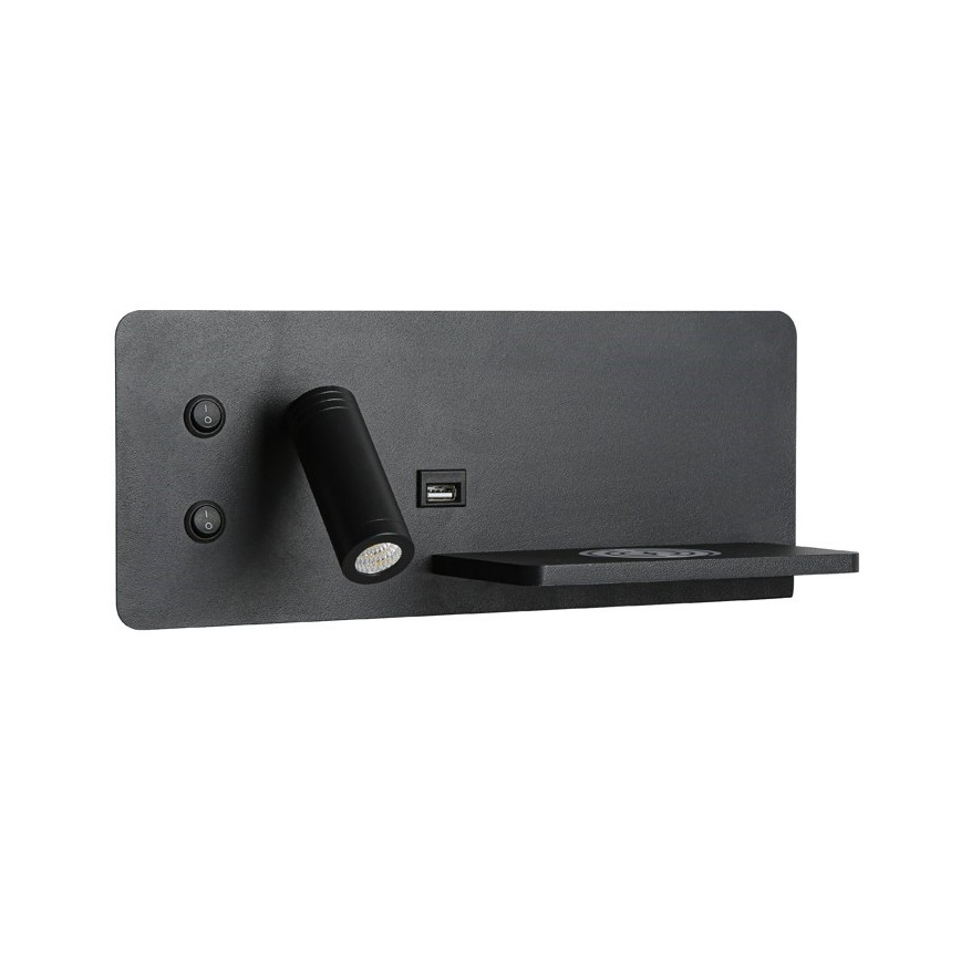 Immax 08287L - LED vægspot m. hylde + USB-port og trådløs opladning Be PREPARE LED/3W/230V + LED/3W sort