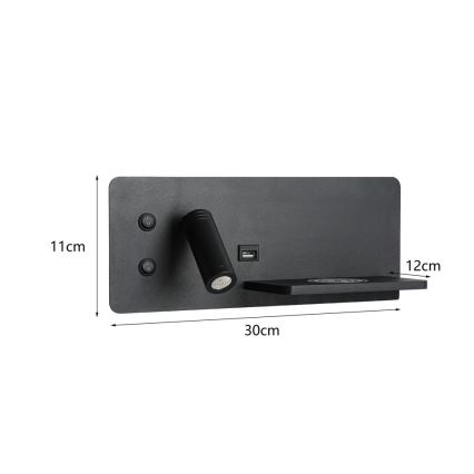 Immax 08287L - LED vægspot m. hylde + USB-port og trådløs opladning Be PREPARE LED/3W/230V + LED/3W sort