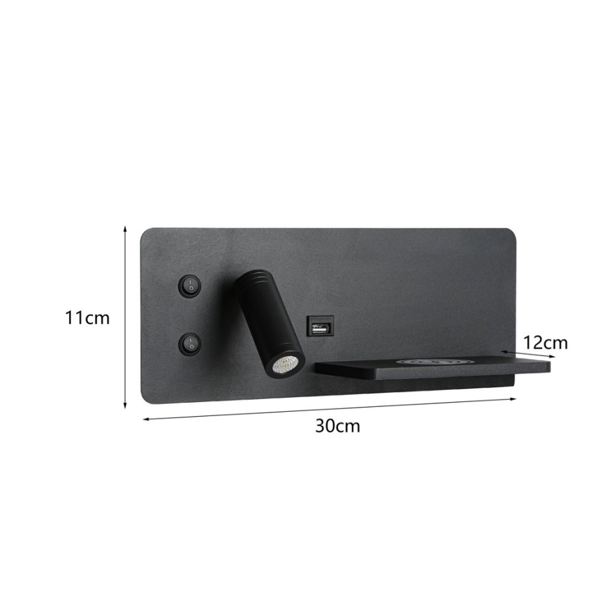 Immax 08287L - LED vægspot m. hylde + USB-port og trådløs opladning Be PREPARE LED/3W/230V + LED/3W sort