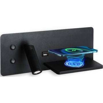 Immax 08287L - LED vægspot m. hylde + USB-port og trådløs opladning Be PREPARE LED/3W/230V + LED/3W sort