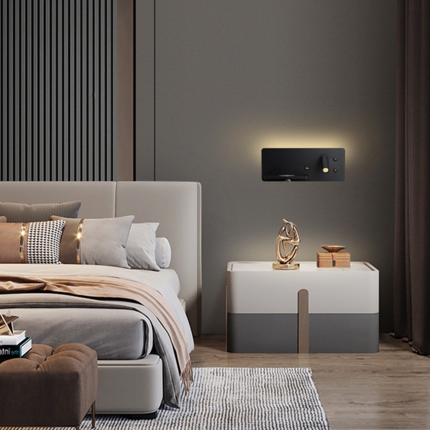 Immax 08288L - LED vægspot m. hylde + USB-port og trådløs opladning Be PREPARE LED/3W/230V + LED/3W sort