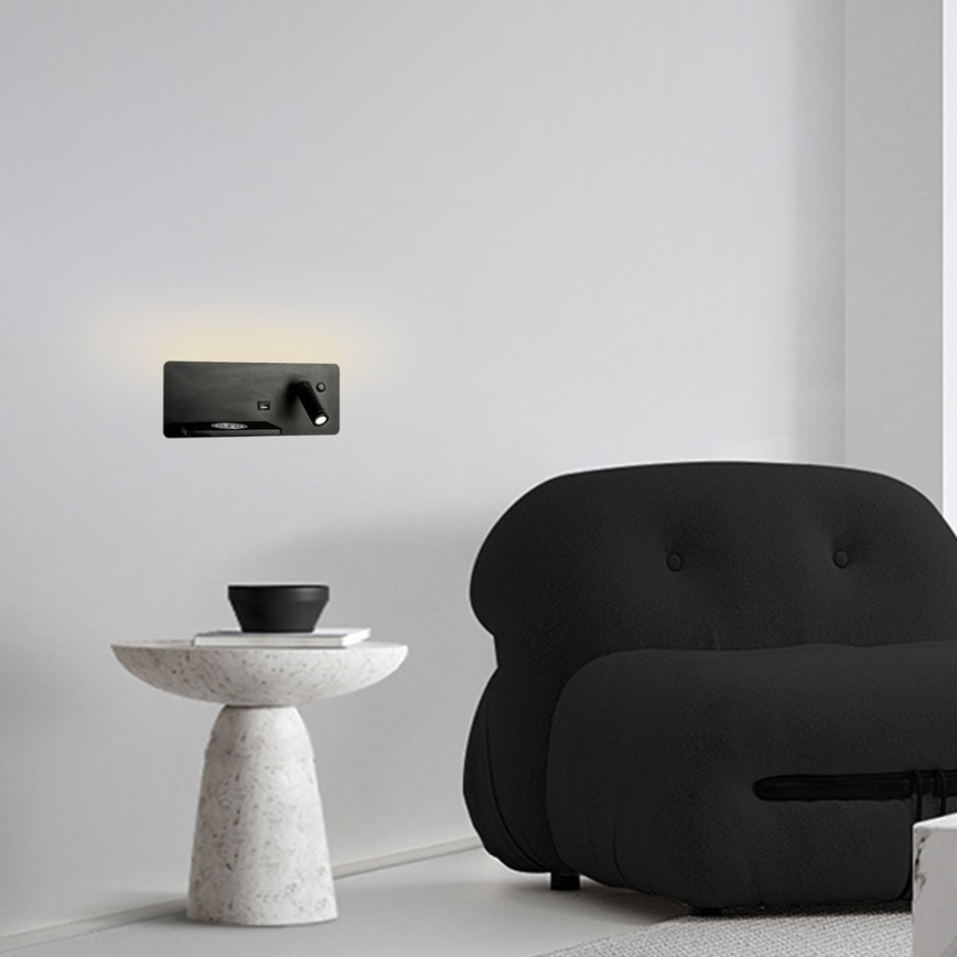 Immax 08288L - LED vægspot m. hylde + USB-port og trådløs opladning Be PREPARE LED/3W/230V + LED/3W sort