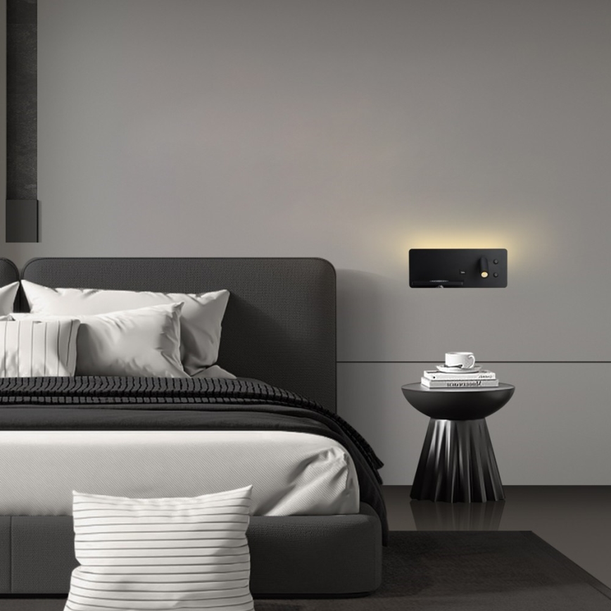 Immax 08288L - LED vægspot m. hylde + USB-port og trådløs opladning Be PREPARE LED/3W/230V + LED/3W sort