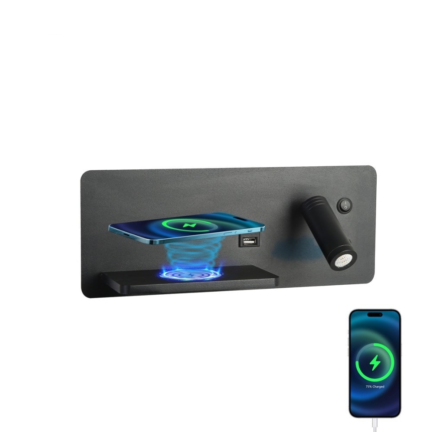 Immax 08288L - LED vægspot m. hylde + USB-port og trådløs opladning Be PREPARE LED/3W/230V + LED/3W sort