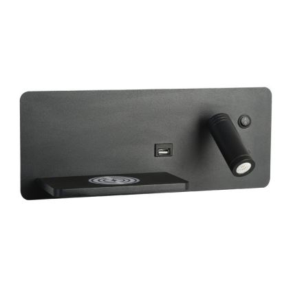 Immax 08288L - LED vægspot m. hylde + USB-port og trådløs opladning Be PREPARE LED/3W/230V + LED/3W sort