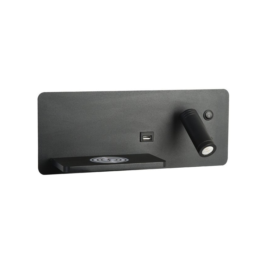 Immax 08288L - LED vægspot m. hylde + USB-port og trådløs opladning Be PREPARE LED/3W/230V + LED/3W sort