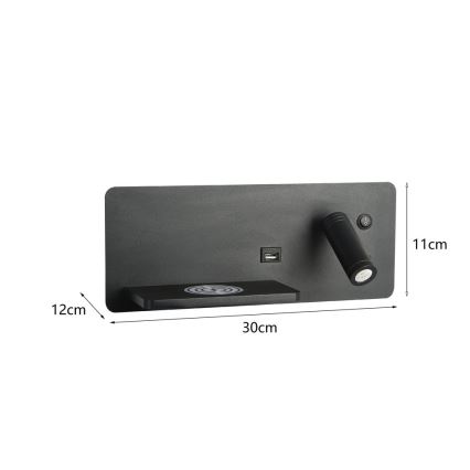 Immax 08288L - LED vægspot m. hylde + USB-port og trådløs opladning Be PREPARE LED/3W/230V + LED/3W sort
