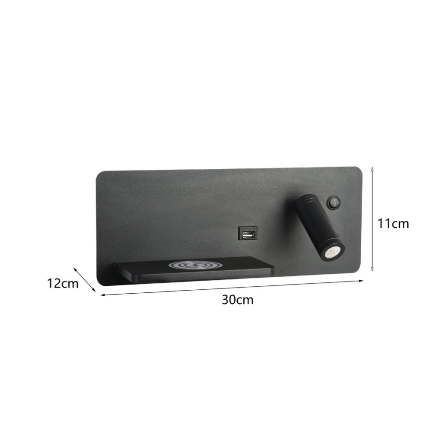 Immax 08288L - LED vægspot m. hylde + USB-port og trådløs opladning Be PREPARE LED/3W/230V + LED/3W sort