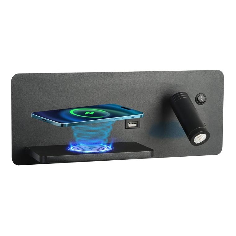 Immax 08288L - LED vægspot m. hylde + USB-port og trådløs opladning Be PREPARE LED/3W/230V + LED/3W sort