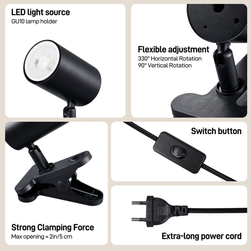 Klemme-lampe PUNTO 1xGU10/9W/230V sort