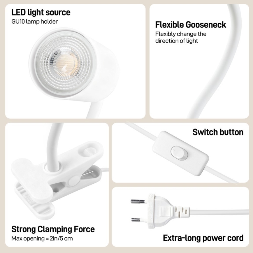 Fleksibel klemme-lampe PUNTO 1xGU10/9W/230V hvid