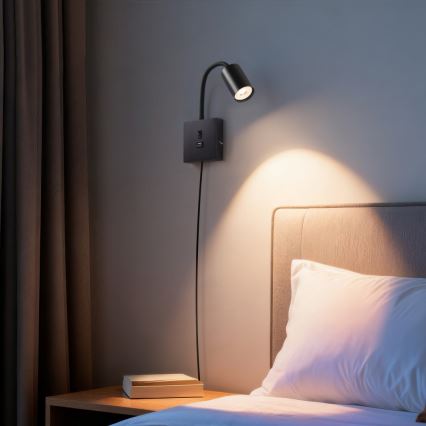 Væglampe med USB PUNTO 1xGU10/9W/230V sort