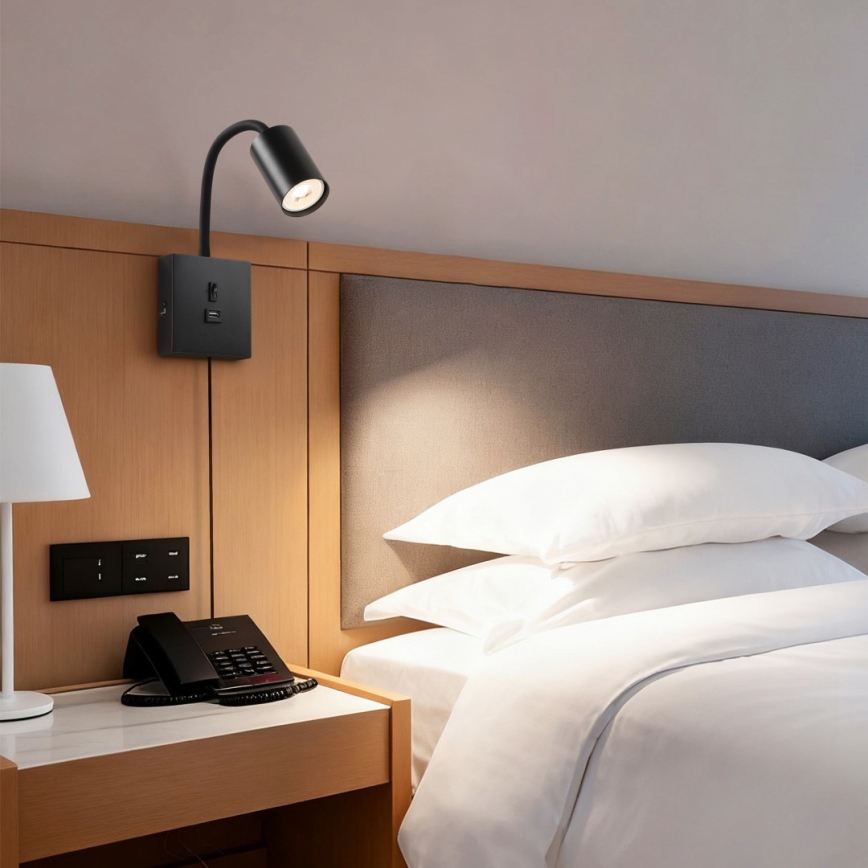 Væglampe med USB PUNTO 1xGU10/9W/230V sort