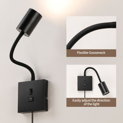 Væglampe med USB PUNTO 1xGU10/9W/230V sort