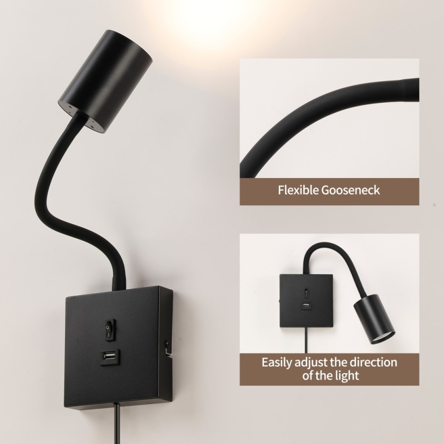 Væglampe med USB PUNTO 1xGU10/9W/230V sort