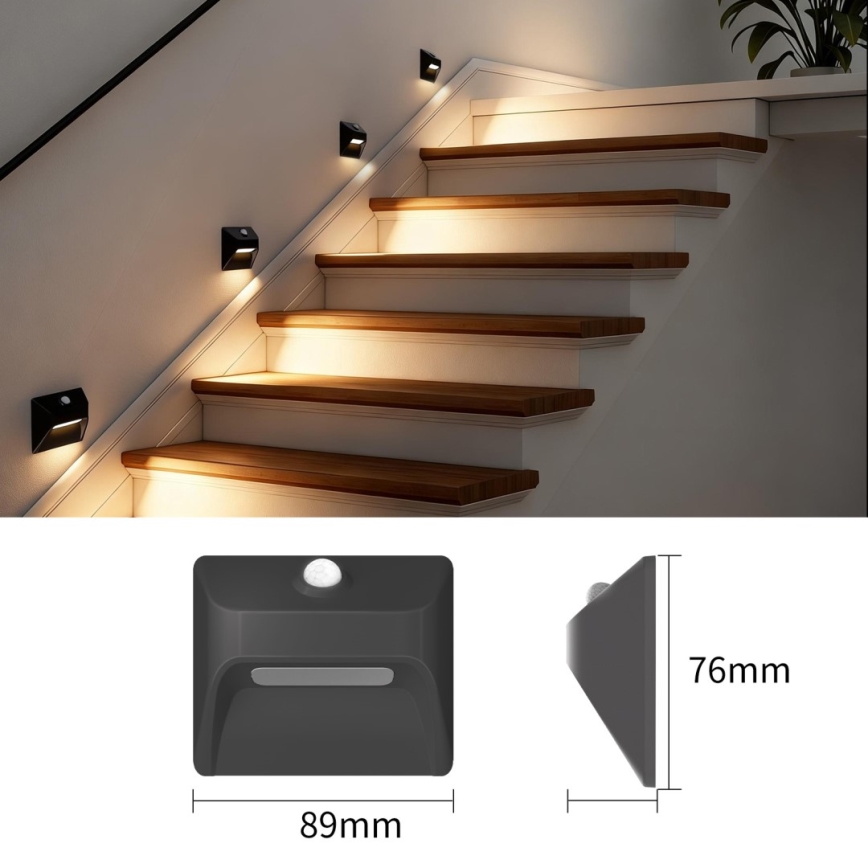Immax 08307L - Genopladeligt LED-trappelys med bevægelses- og skumringssensor STEP LIGHT LED/0,3W/3,7V 2200 mAh IP53 sort