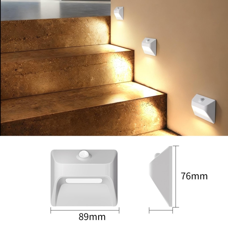 Genopladeligt LED-trappelys med bevægelses- og skumringssensor STEP LIGHT LED/0,3W/3,7V 2200 mAh IP53 hvid