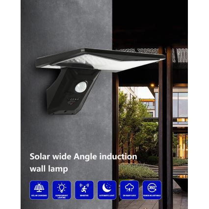 Soldrevet LED væglampe med sensor LED/2,6W/5,5V IP65 1800 mAh sort