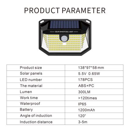 Soldrevet LED væglampe med sensor LED/4W/5,5V IP65 1200 mAh