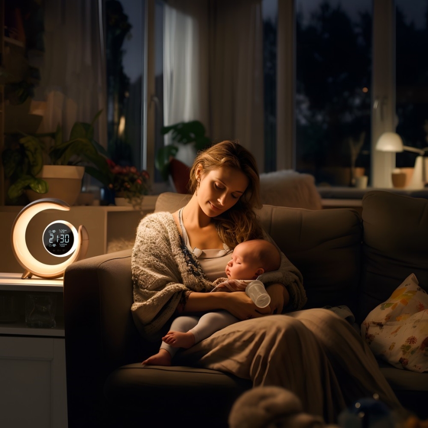 LED RGBW Dæmpbar bordlampe med vækkeur PEACOCK LED/20W/5V USB