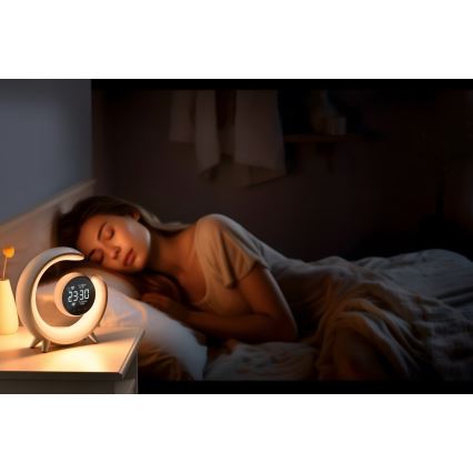 LED RGBW Dæmpbar bordlampe med vækkeur PEACOCK LED/20W/5V USB