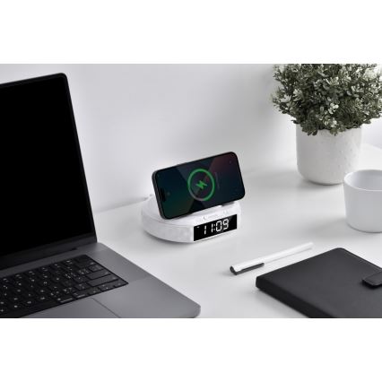 Vækkeur med LCD-display og trådløs Qi oplader 27W/9V 220 mAh hvid