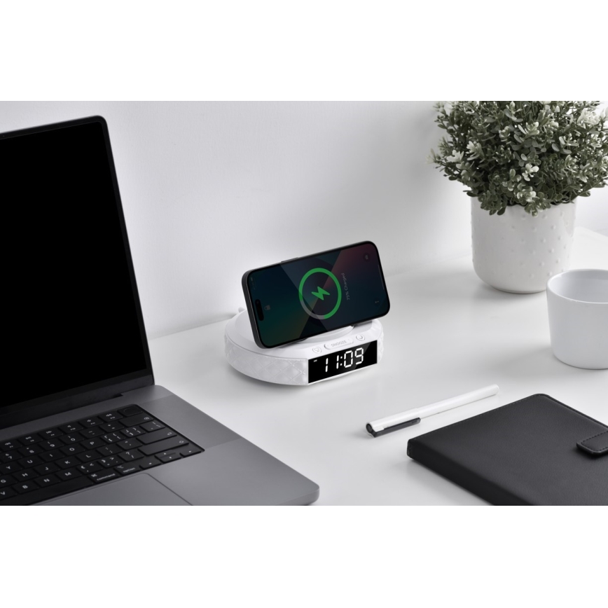 Vækkeur med LCD-display og trådløs Qi oplader 27W/9V 220 mAh hvid