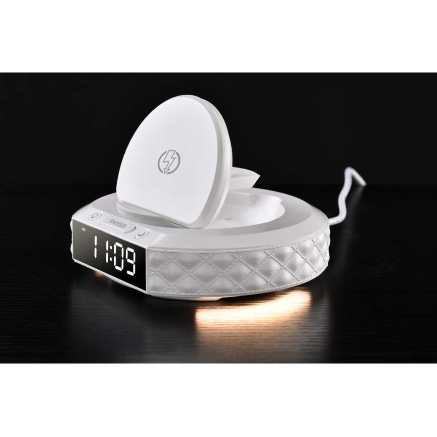 Vækkeur med LCD-display og trådløs Qi oplader 27W/9V 220 mAh hvid