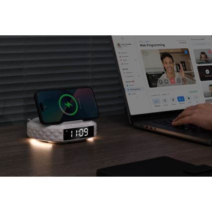 Vækkeur med LCD-display og trådløs Qi oplader 27W/9V 220 mAh hvid