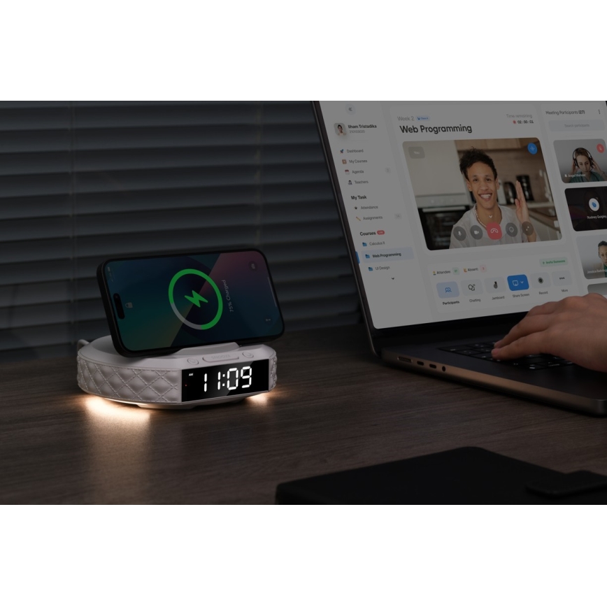 Vækkeur med LCD-display og trådløs Qi oplader 27W/9V 220 mAh hvid