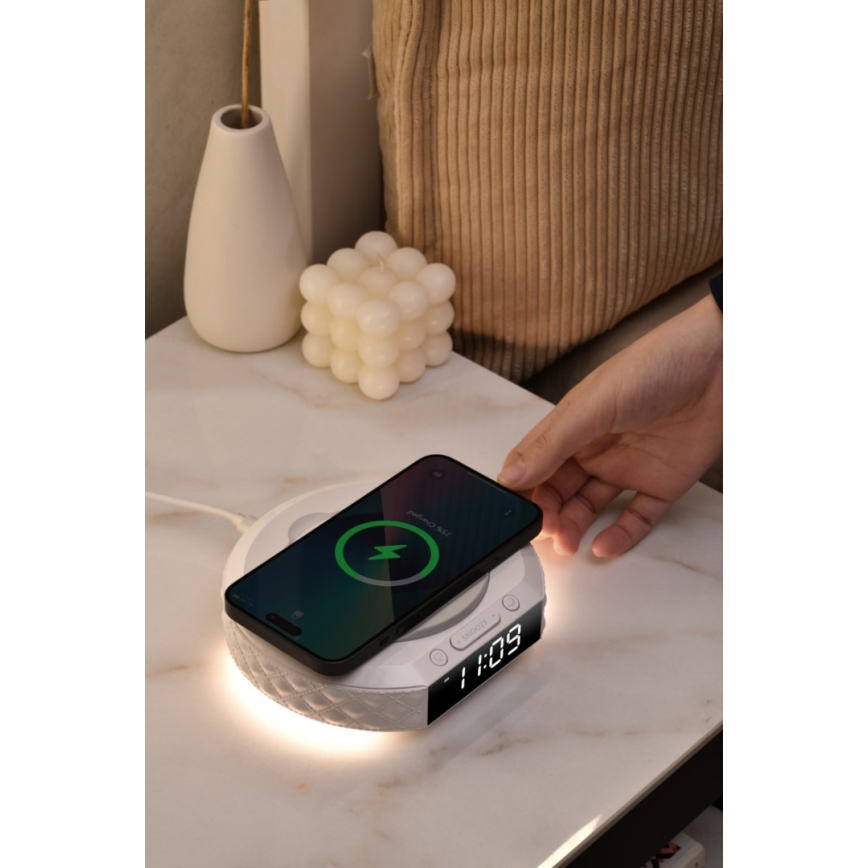 Vækkeur med LCD-display og trådløs Qi oplader 27W/9V 220 mAh hvid