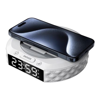Vækkeur med LCD-display og trådløs Qi oplader 27W/9V 220 mAh hvid
