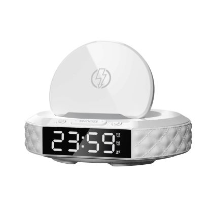 Vækkeur med LCD-display og trådløs Qi oplader 27W/9V 220 mAh hvid