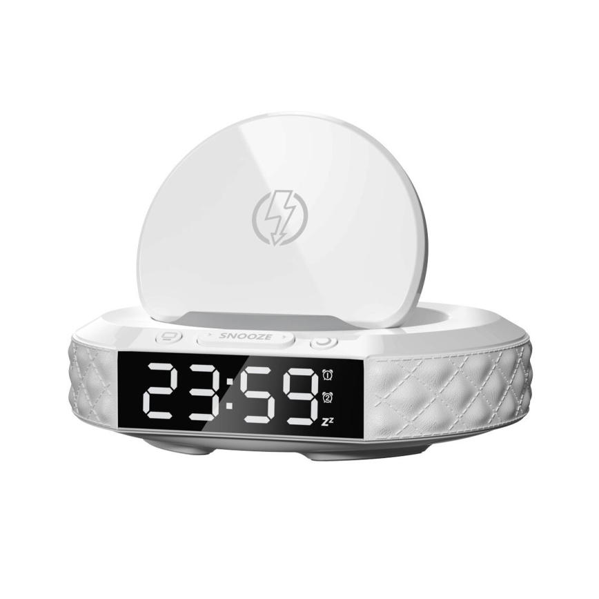 Vækkeur med LCD-display og trådløs Qi oplader 27W/9V 220 mAh hvid