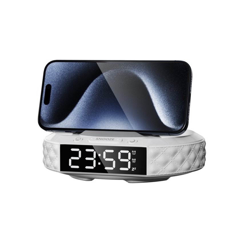 Vækkeur med LCD-display og trådløs Qi oplader 27W/9V 220 mAh hvid